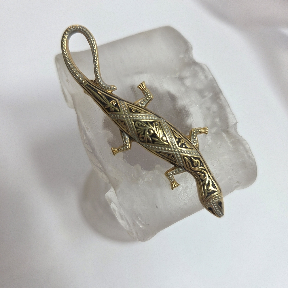 spanish damascene  gecko lizard pin brooch scarf clip mcm gold tone